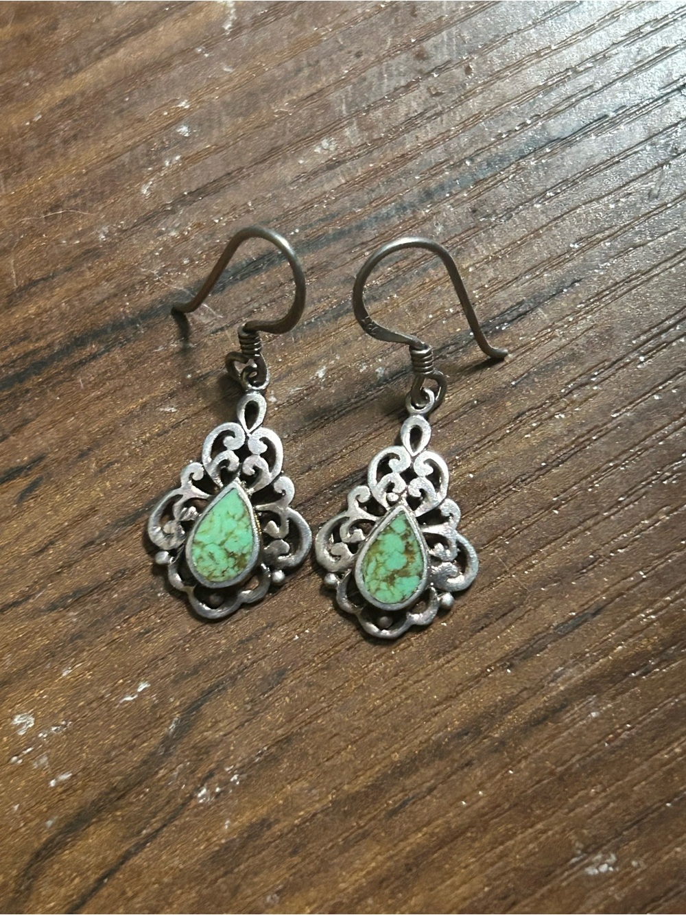 Sterling silver Filigree Teardrop Earrings with Green Turquoise Accent